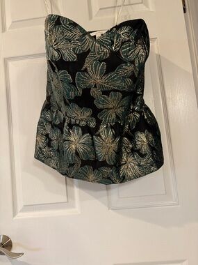 Strapless Floral Brocade Peplum Top in Black and Teal
